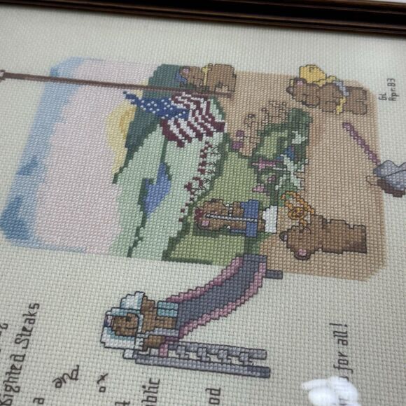 Vtg Cross Stitch Framed Needlework “Pledge Of Allegiance” Childs Whimsical 80s - Picture 6 of 7